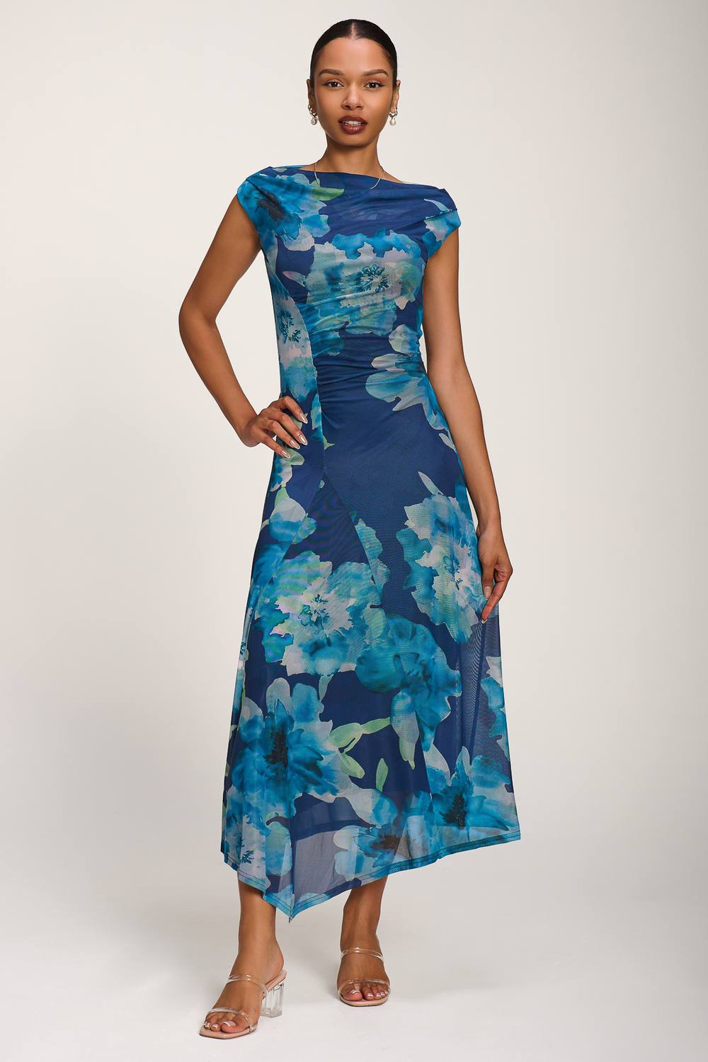 Jolie Moi Asymmetric Draped Mesh Maxi Dress In Dark Blue