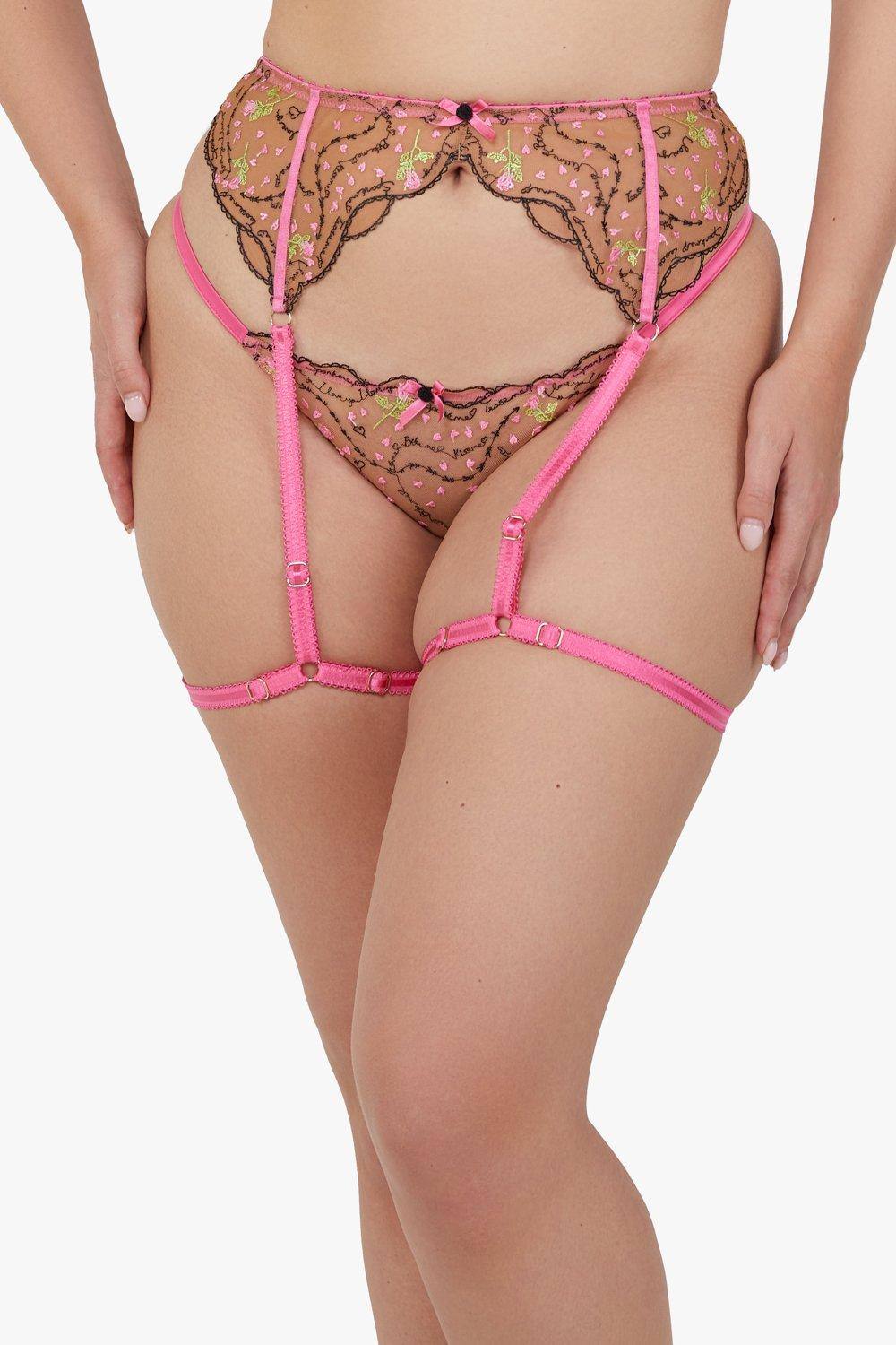 Playful Promises Spank Me Pink And Nude Custom Embroidery Suspender Belt