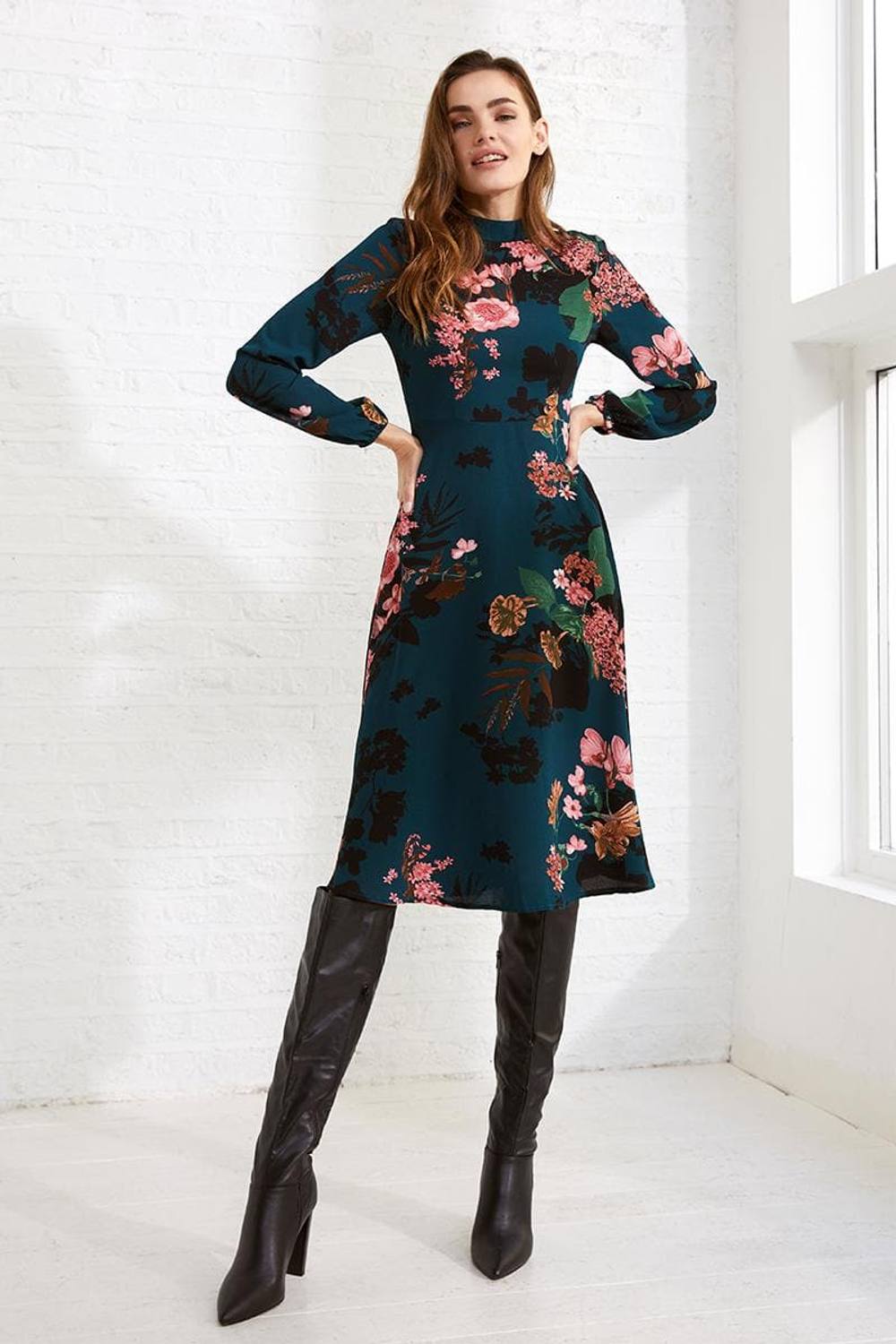 Izabel London Floral Long Sleeve High Neck Midi Dress In Green