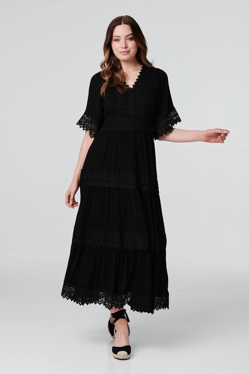 Izabel London Short Sleeve Crochet Maxi Dress In Black