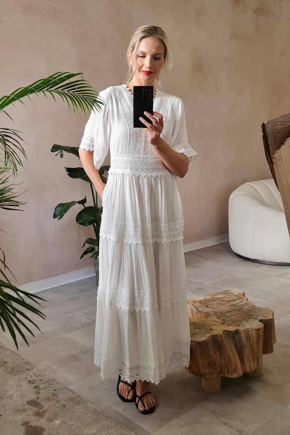 Izabel London Short Sleeve Crochet Maxi Dress In White