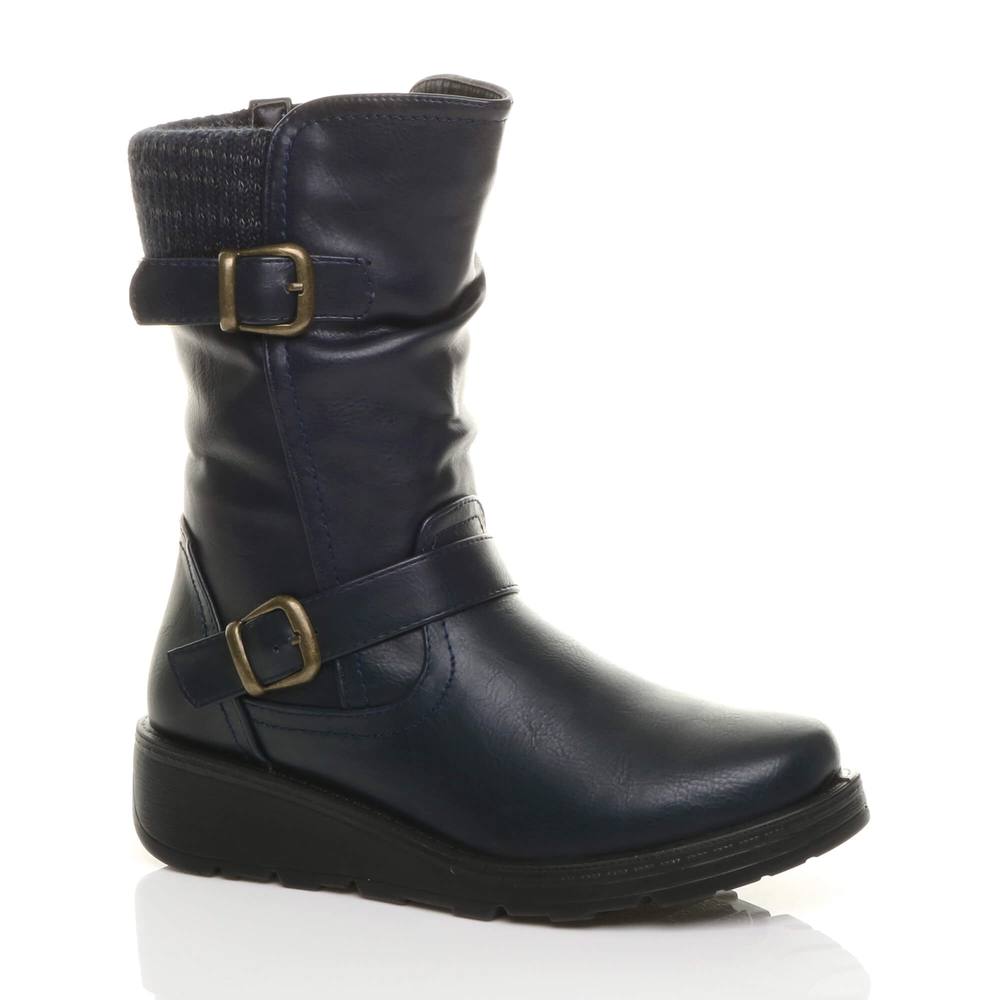 Ajvani Low Wedge Heel Comfort Calf Faux Leather Biker Boots In Navy