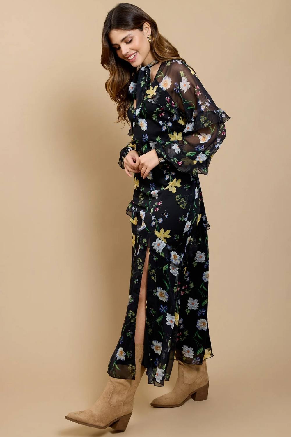 Little Mistress Black Floral Print Frill Midaxi Dress