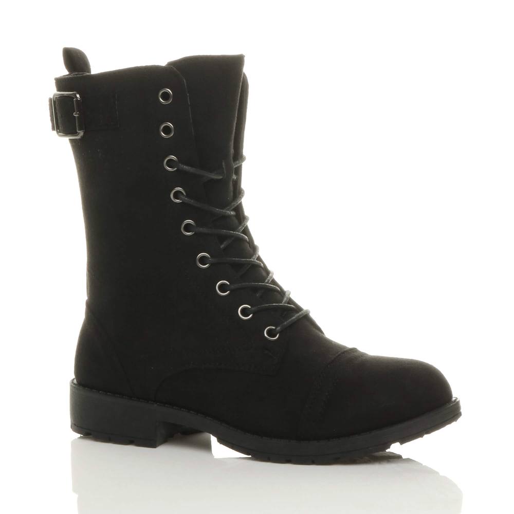 Ajvani Low Heel Lace Up Buckles Military Biker Faux Suede Ankle Boots In Black