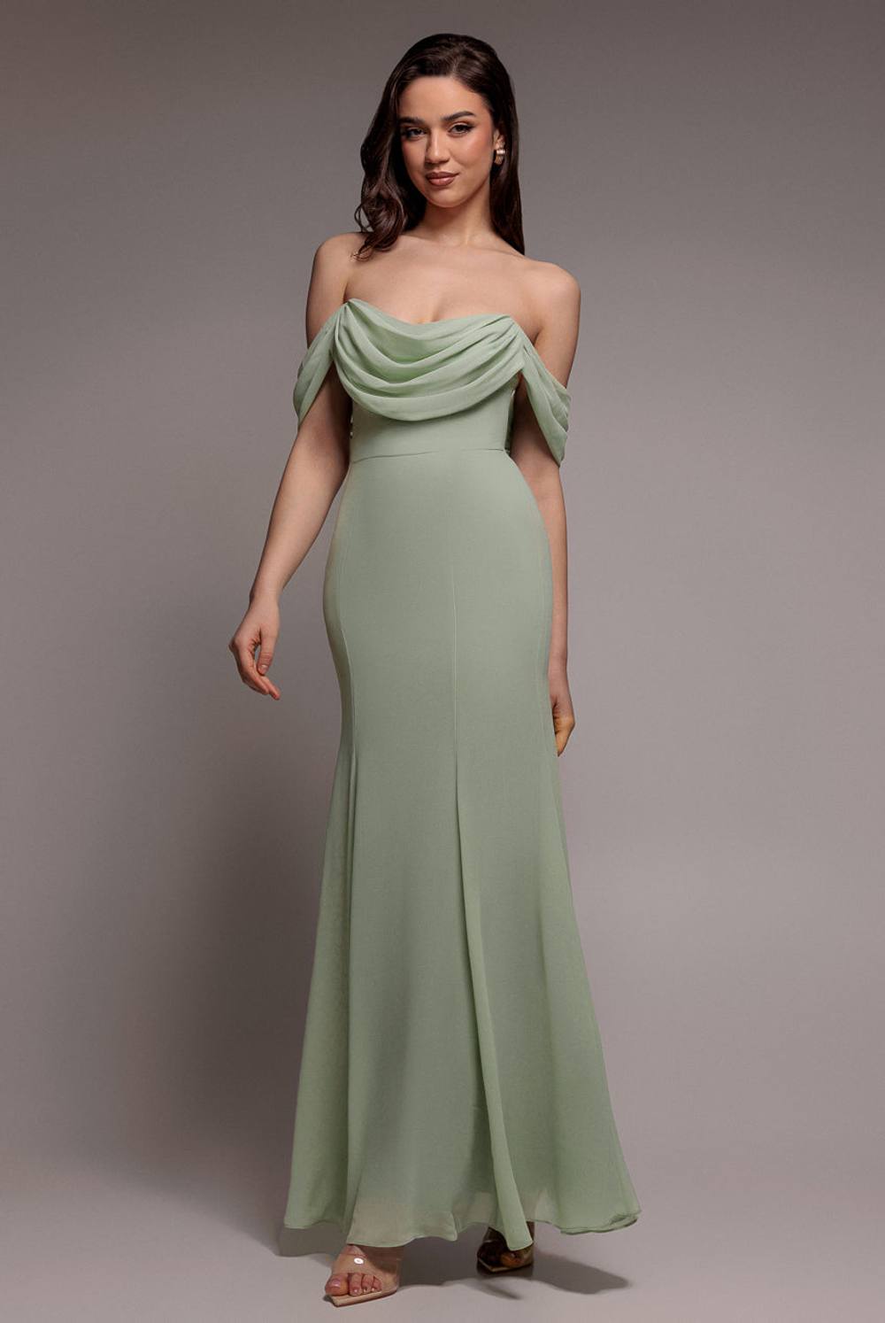 Goddiva Chiffon Bardot Cowl Neck Maxi Dress In Pale Green