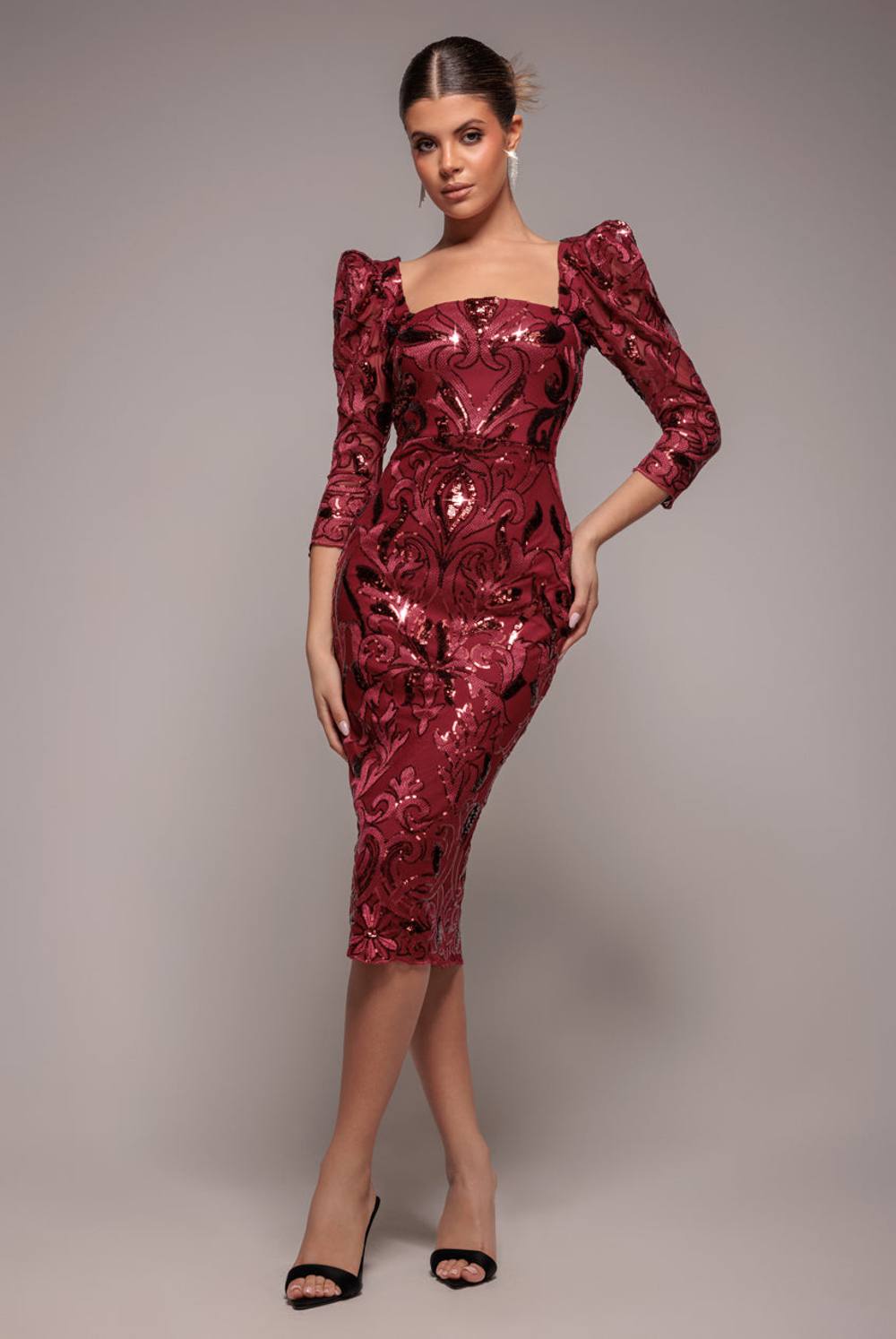 Goddiva Square Neck Scalloped Lace Midi Dress In Wine