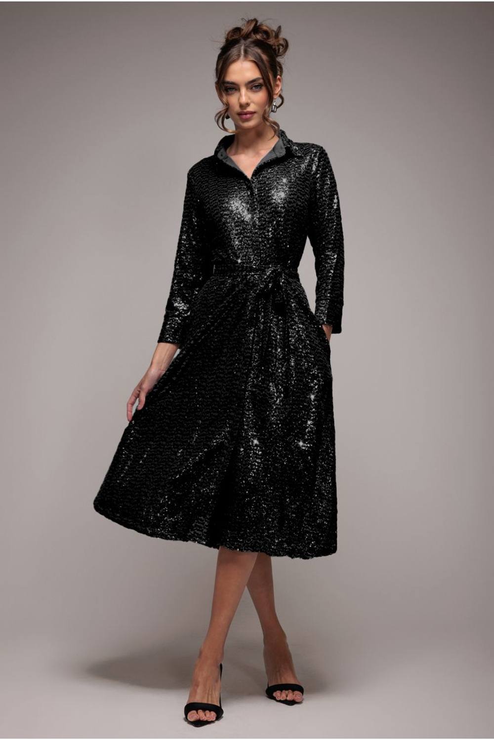 Goddiva Sequin Skater Shirt Dress In Black