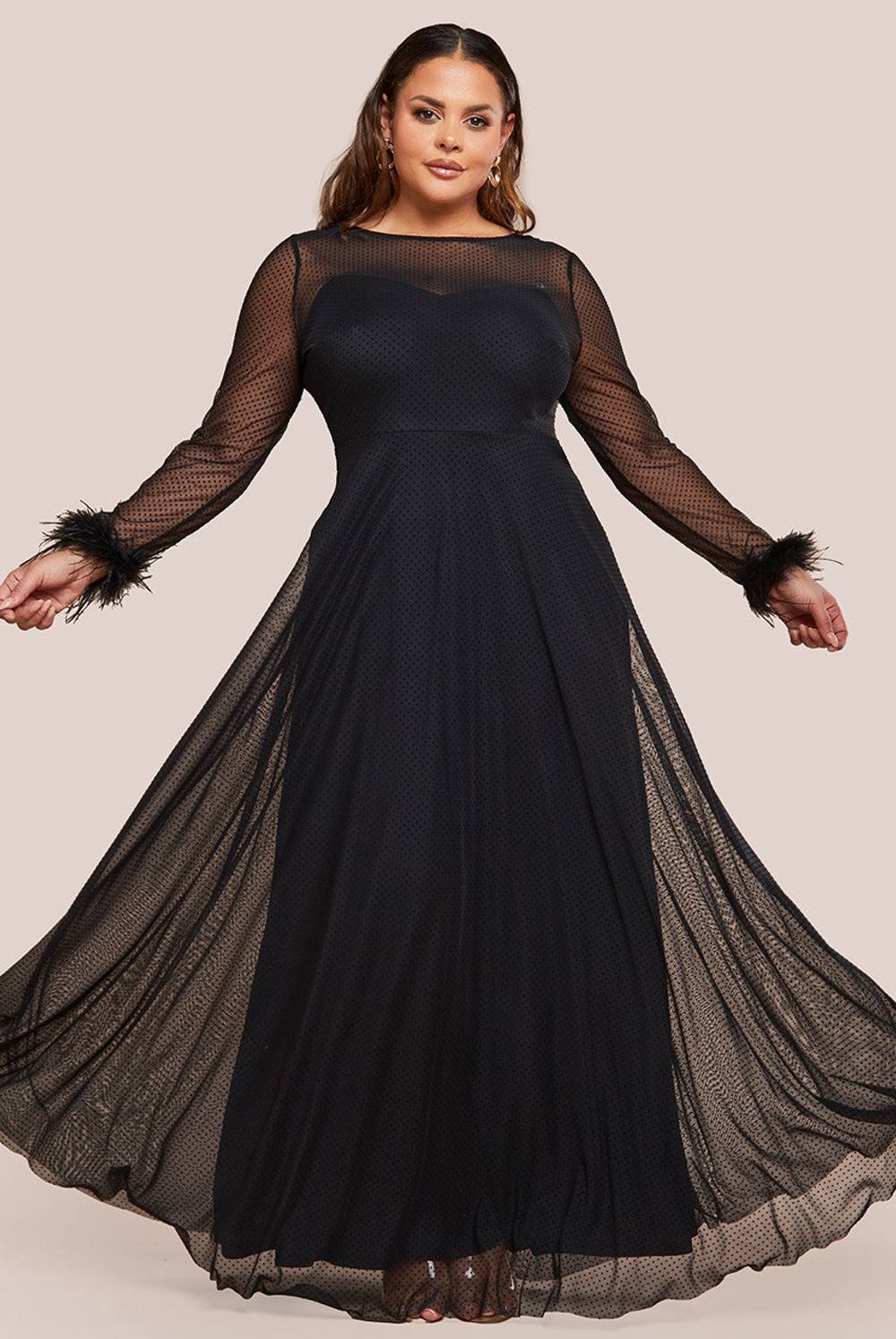 Goddiva Dobby Mesh Feather Sleeve Hem Maxi Dress In Black