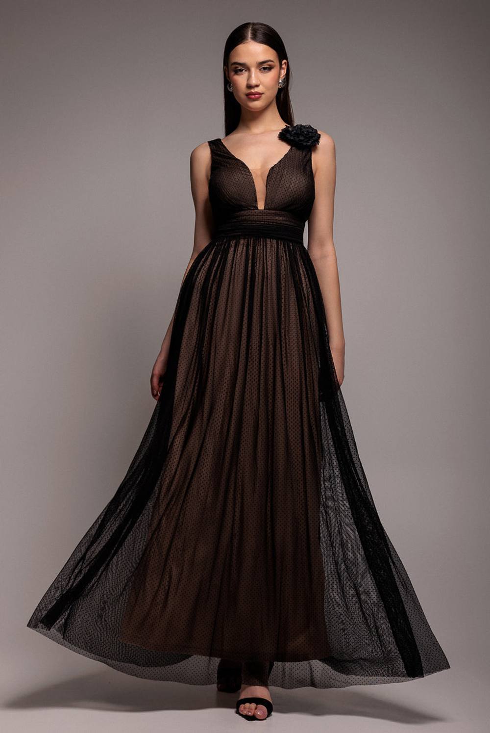 Goddiva Sleeveless Pleated Dobby Mesh Corsage Maxi Dress In Black