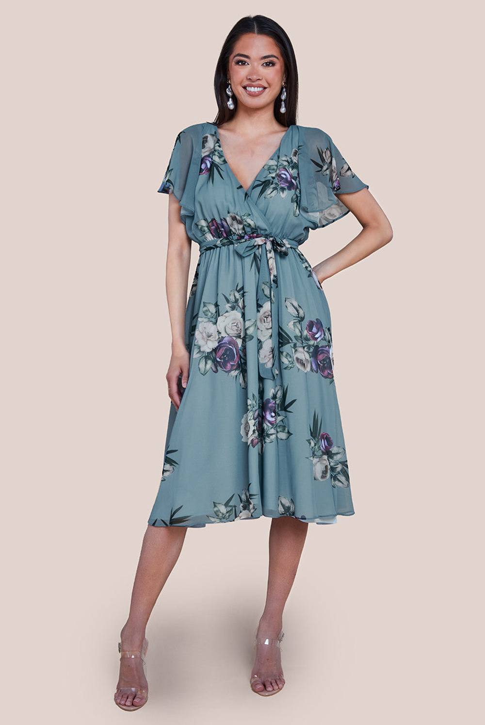 Goddiva Floral Printed Flutter Sleeve Chiffon Midi Dress In Duck Egg Blue