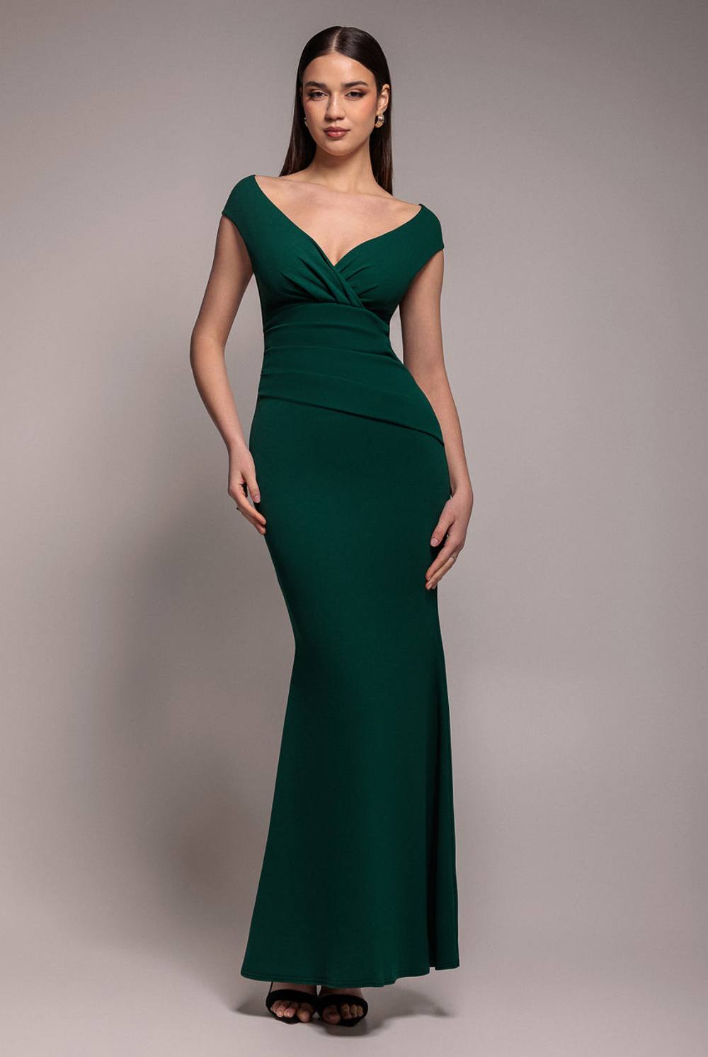 Goddiva Bardot Pleated Maxi Dress In Green