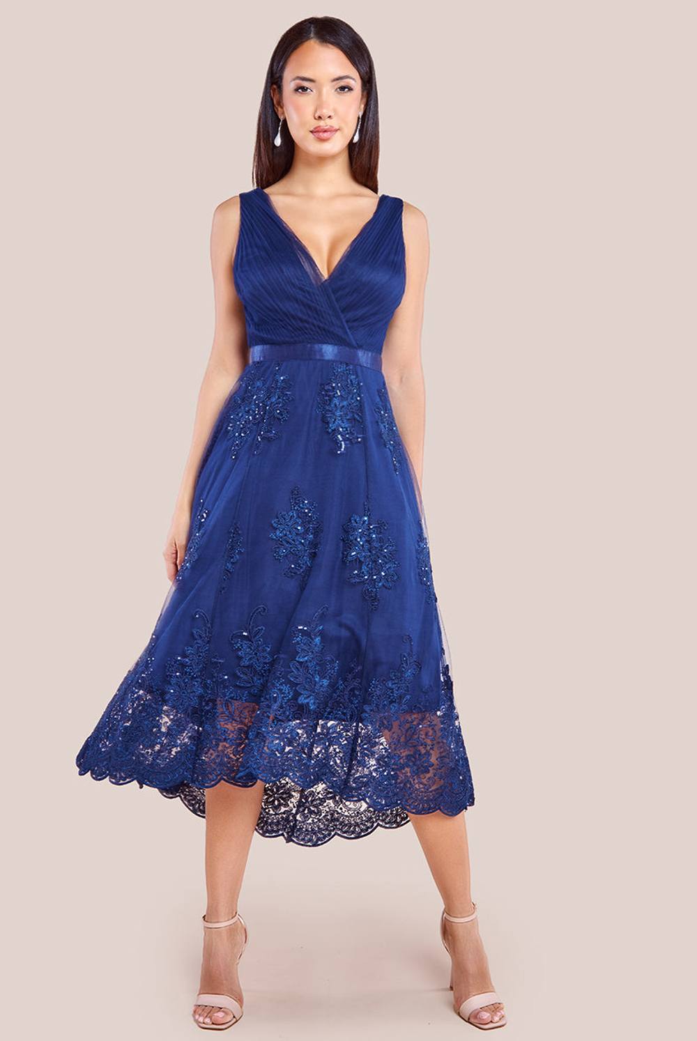 Goddiva Pleated Satin Bodice High And Low Dress In Navy