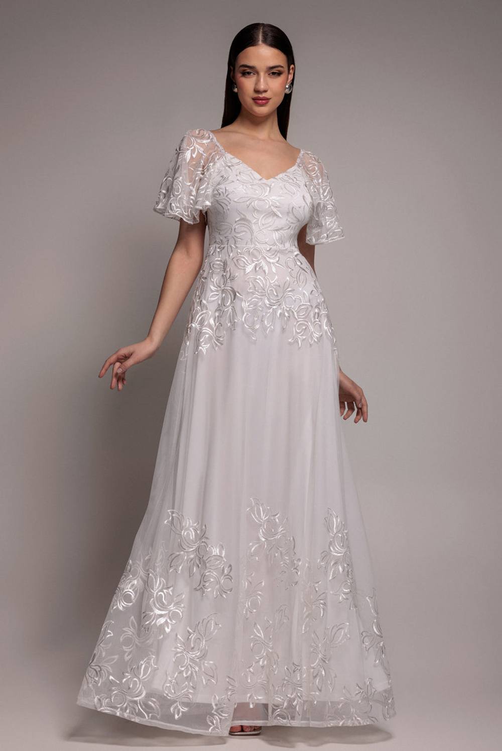 Goddiva Lace Flutter Sleeve Embroidered Mesh A Line Maxi Dress In White