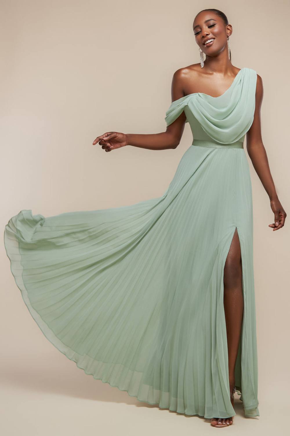 Goddiva Cowl Neck One Shoulder A Line Chiffon Maxi Dress In Light Green
