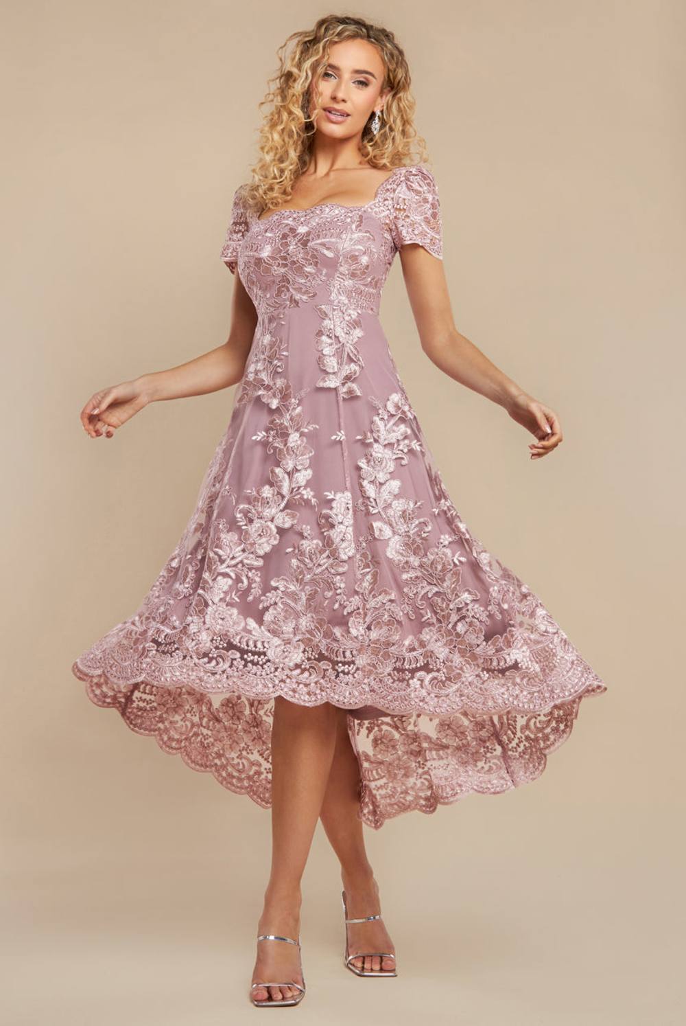 Goddiva Scalloped Neck Embroidered Lace High Low Midi Dress In Pink
