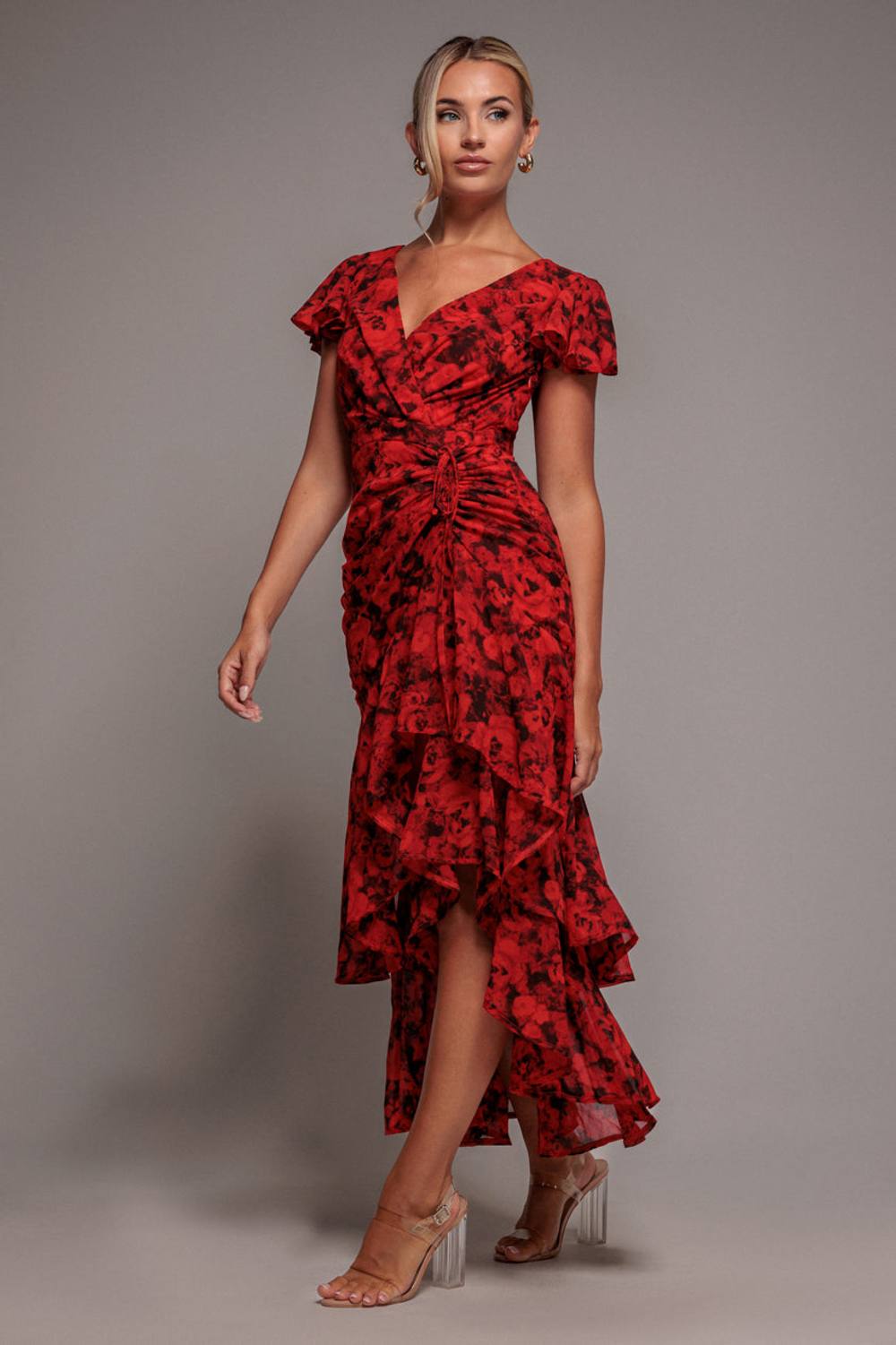 Goddiva Floral Wrap High And Low Midaxi Dress In Red