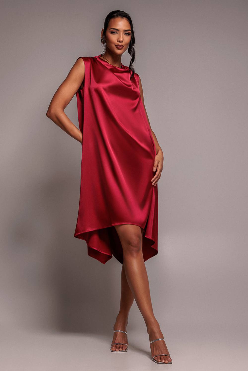 Goddiva Cowl Neck Back Wing Satin High Low Midi Dress In Raspberry