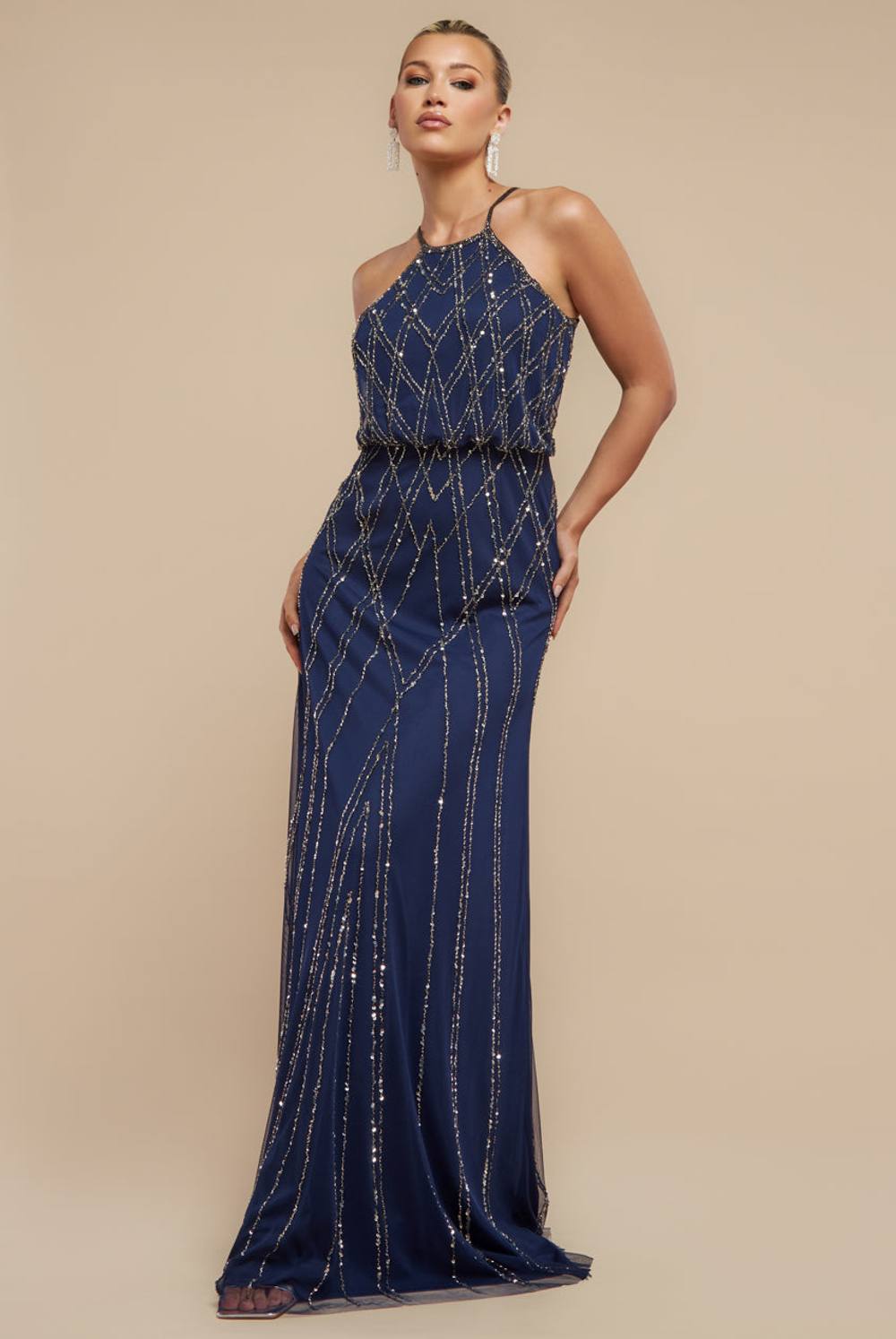 Goddiva Racer Neck Sleeveless Sequin Maxi Dress In Navy