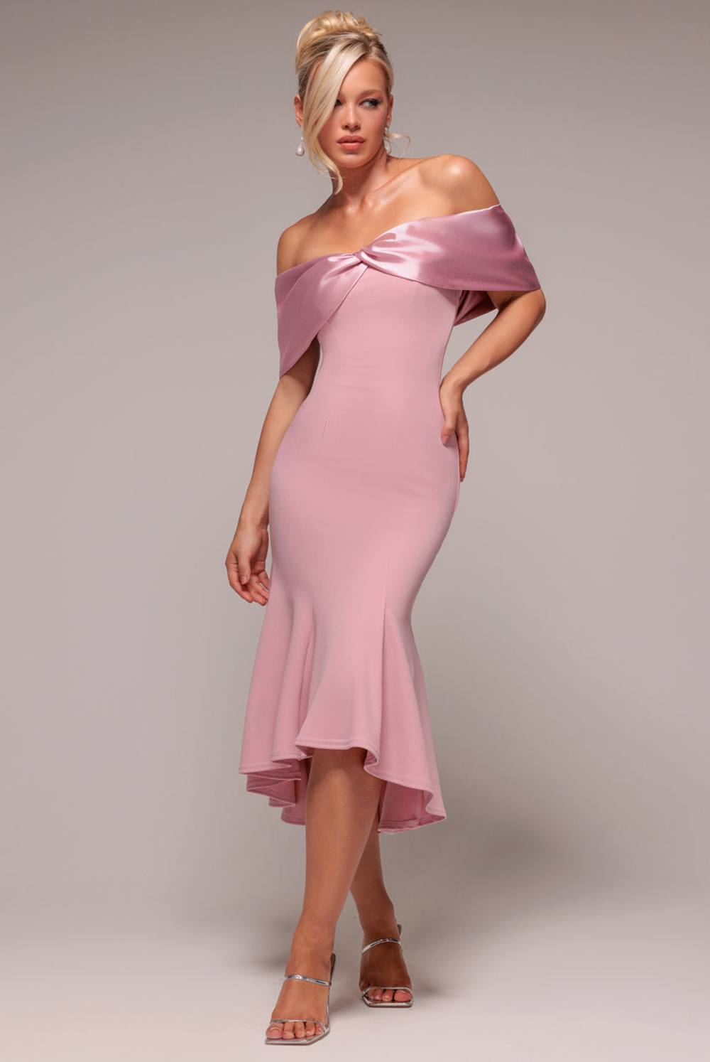 Goddiva Twist Knot Satin & Scuba Bardot High Low Midi Dress In Light Pink