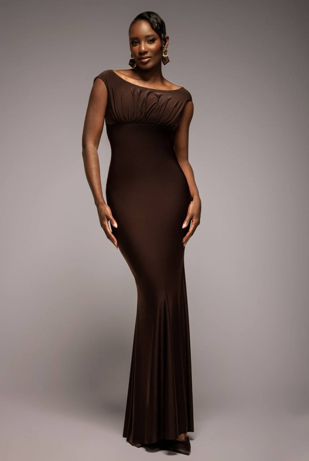 Goddiva Open Back Cowl Neck Gathered Maxi Dress With Velvet Tie Back In Brown