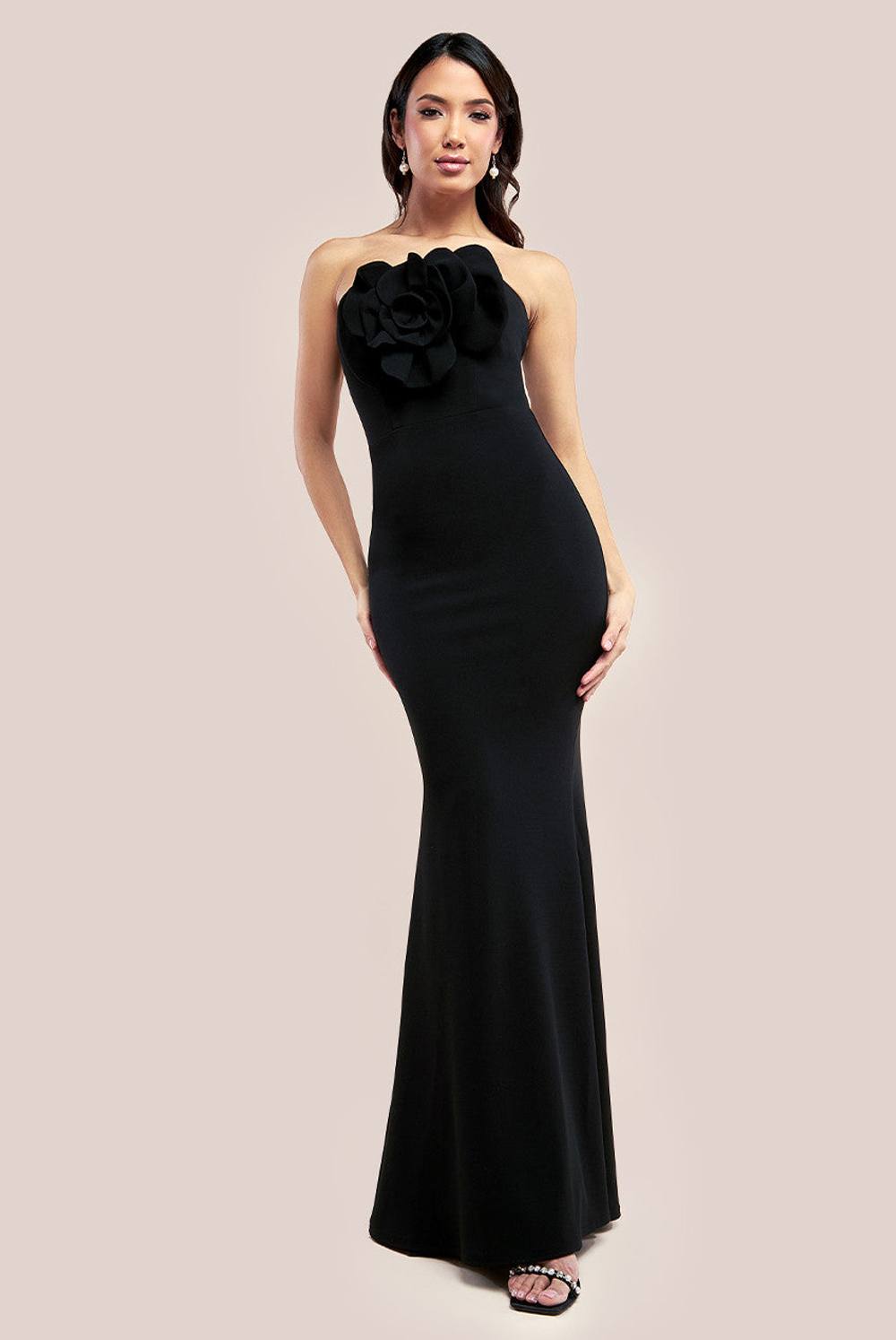 Goddiva Scuba Crepe Bandeau Rose Maxi Dress In Black