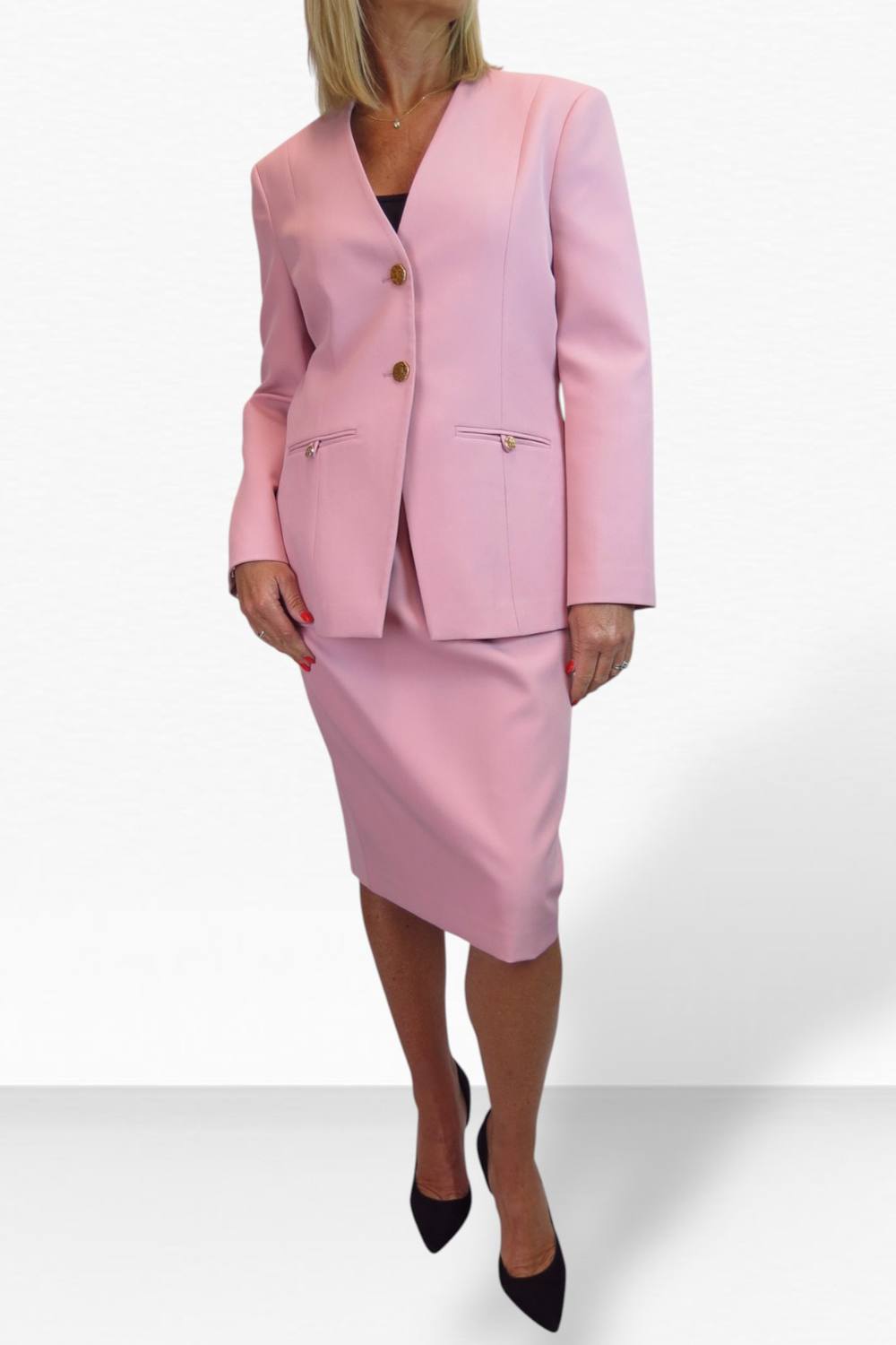 Paulo Due Piece V Neck Jacket And Midi Skirt Suit In Pink