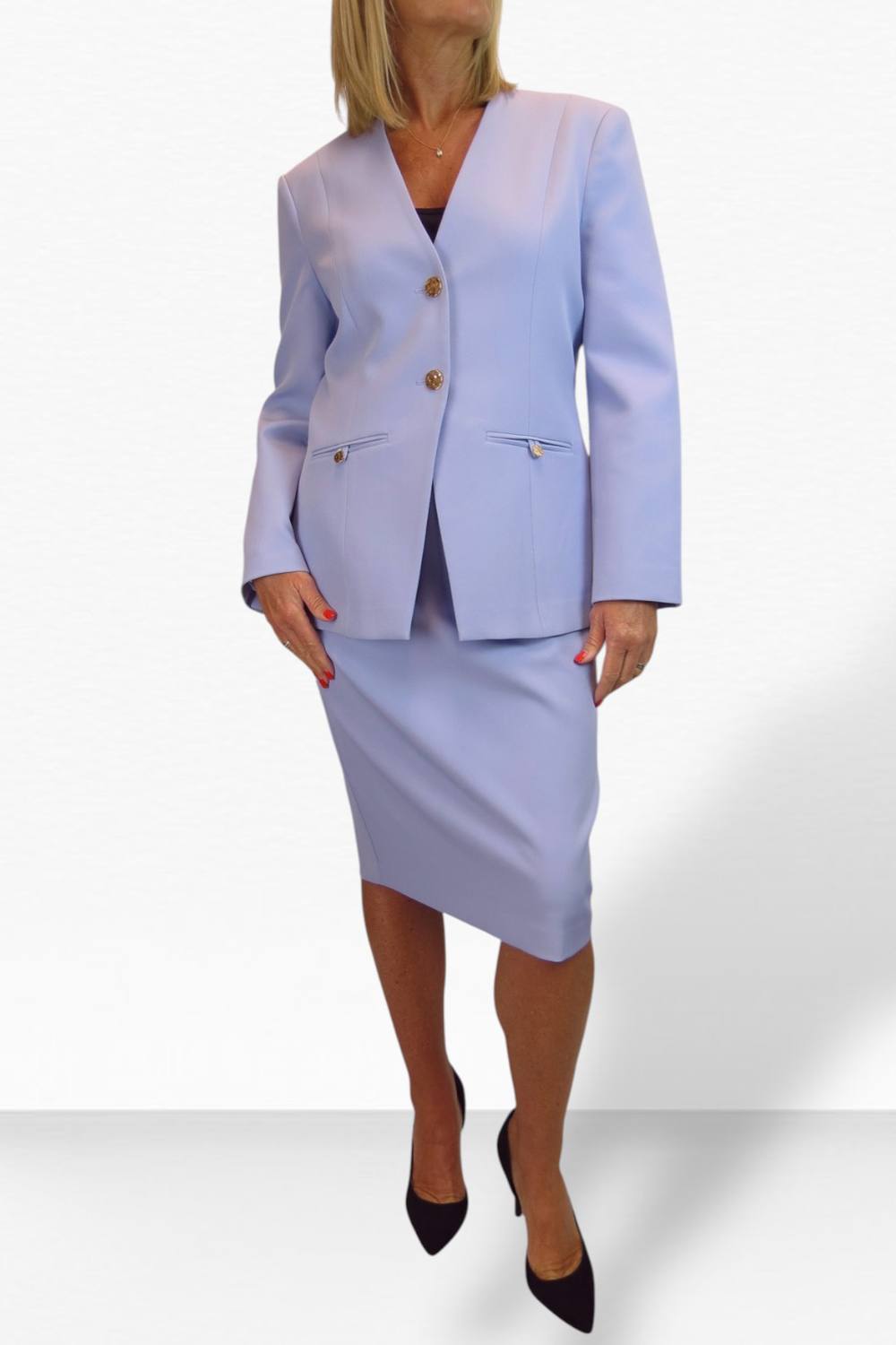 Paulo Due Piece V Neck Jacket And Midi Skirt Suit In Lilac