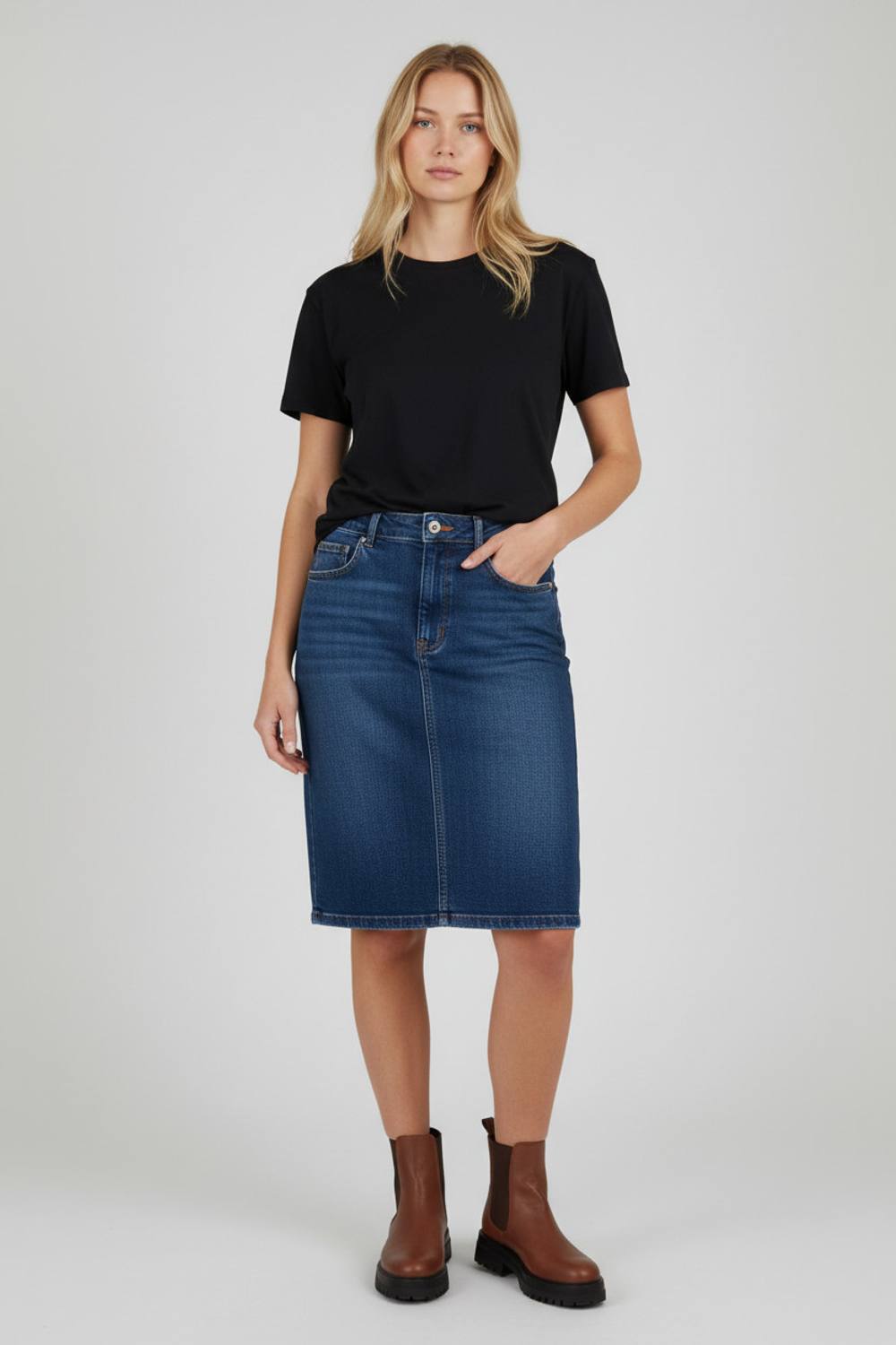 Paulo Due Stretch Denim Knee Length Skirt In Indigo