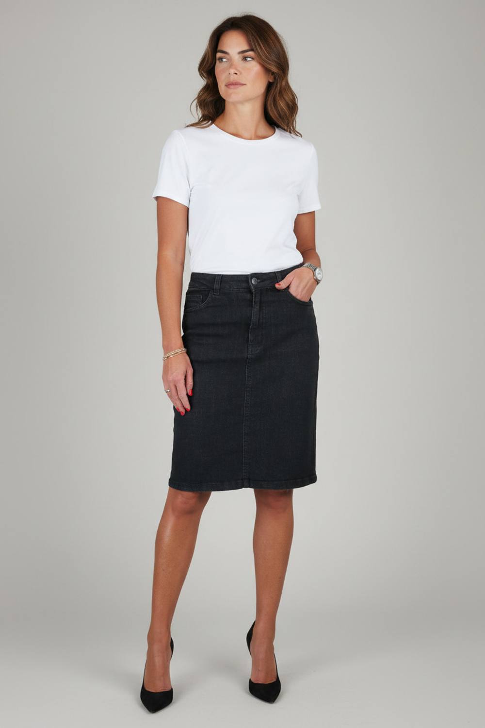 Paulo Due Stretch Denim Knee Length Skirt In Black