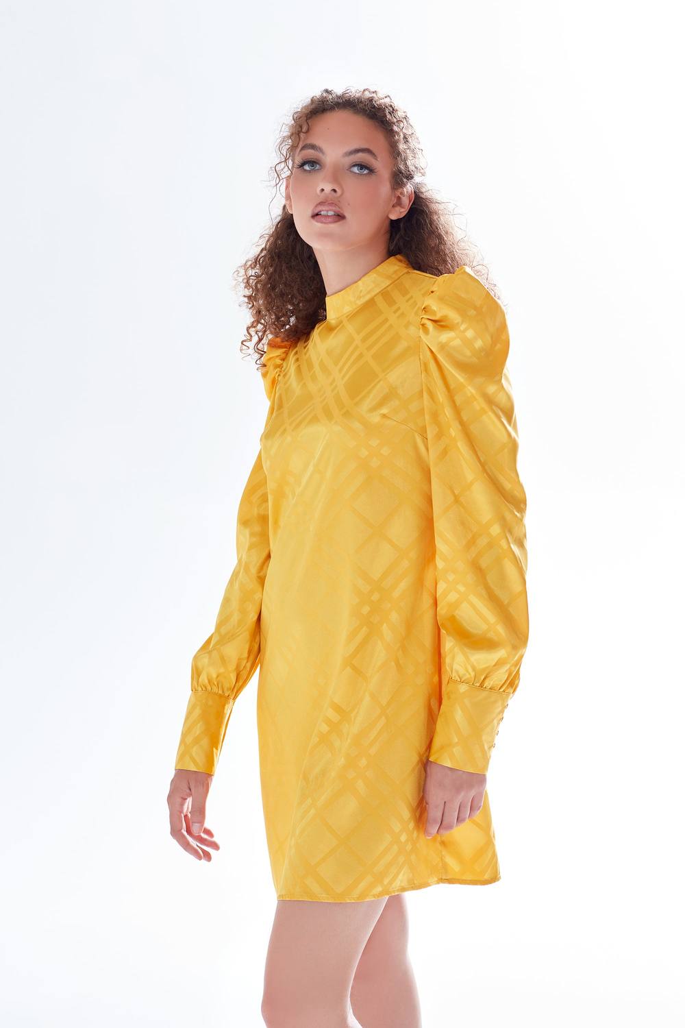 Liquorish Check Jacquard Mini Dress With High Neck & Puff Sleeve Details In Mustard In Yellow