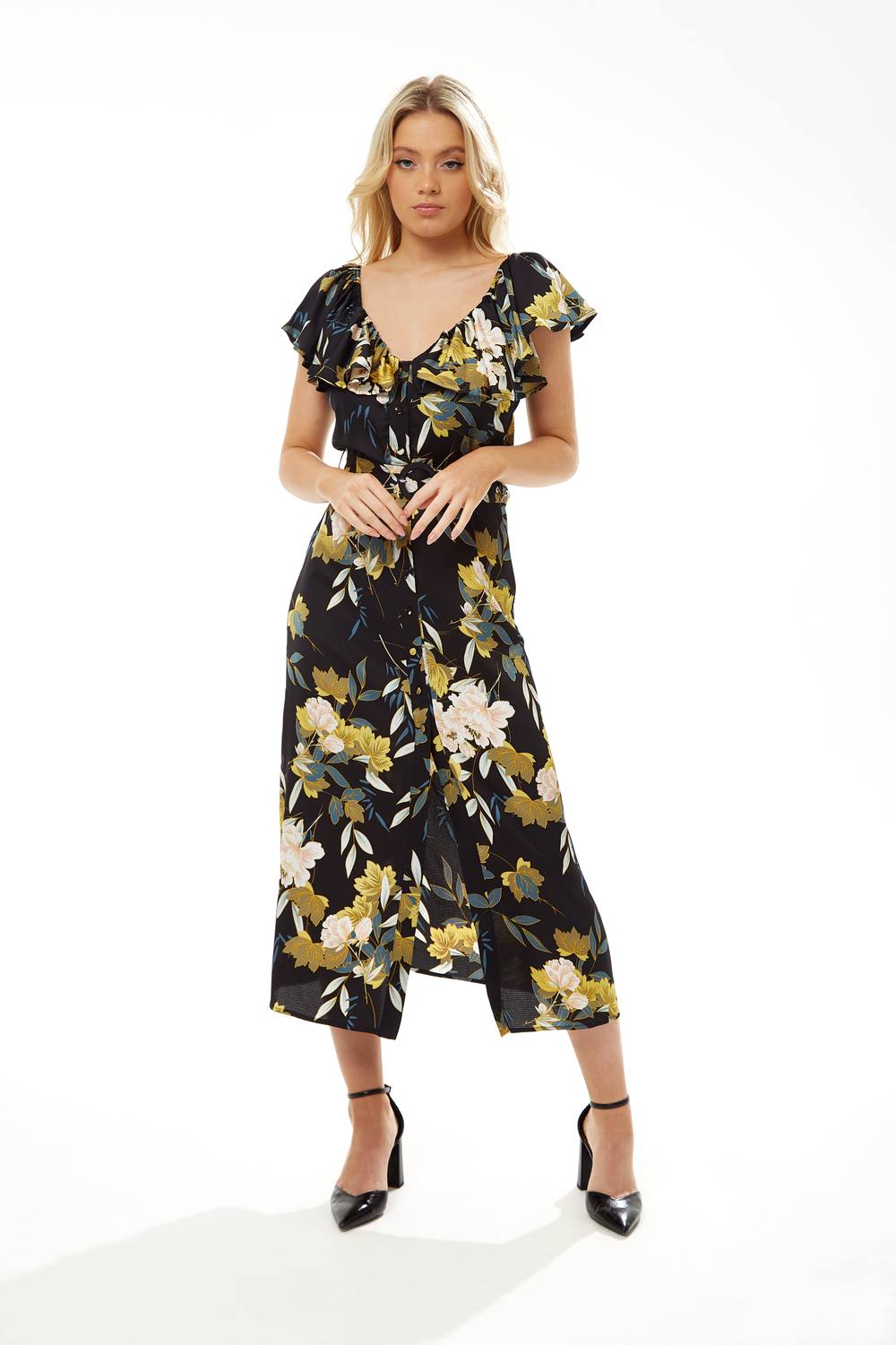Liquorish Belted Midi Dress With Off Shoulder Sleeves In Navy Floral Print
