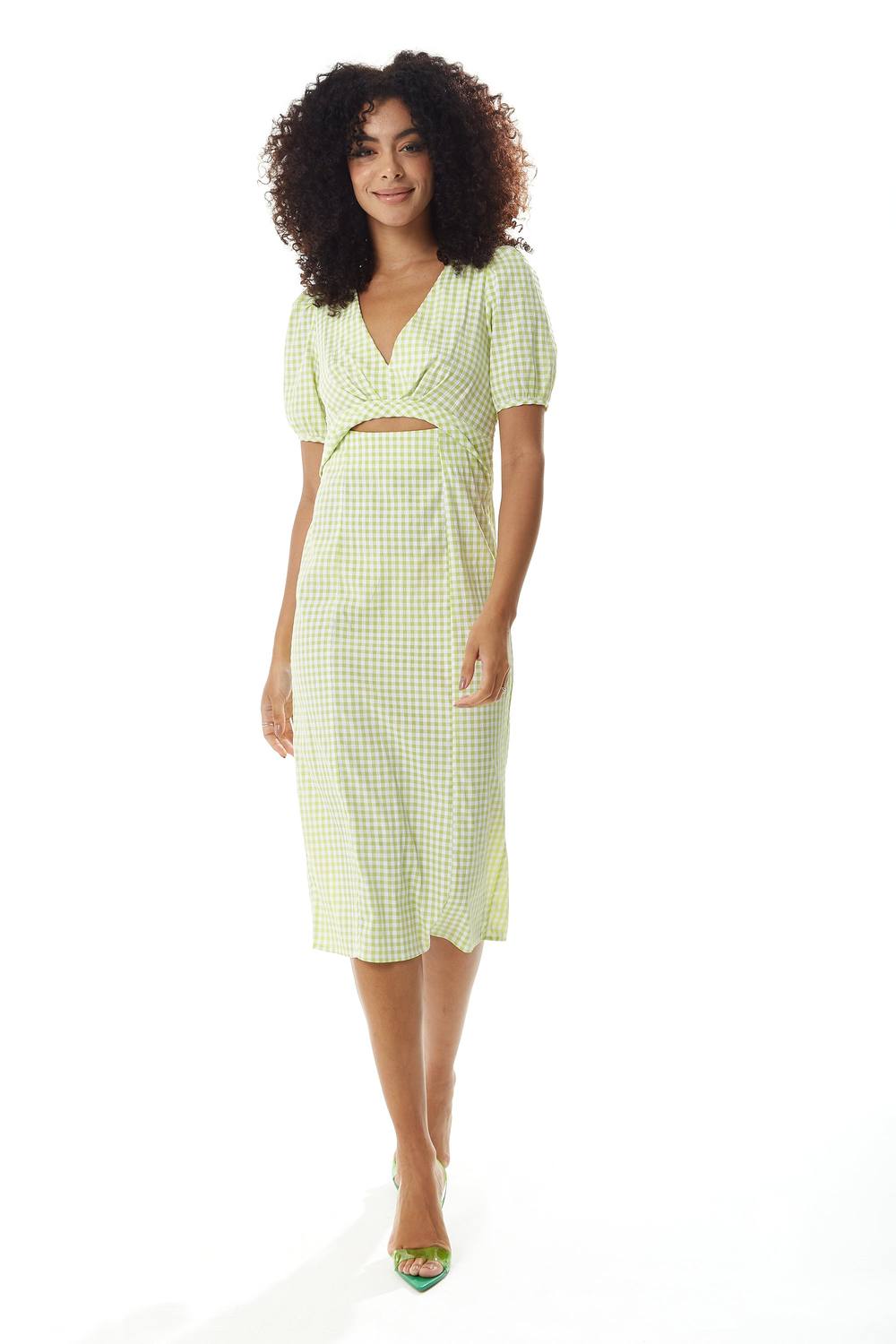 Liquorish Gingham Cut Out Front Midi Dress In Green And White