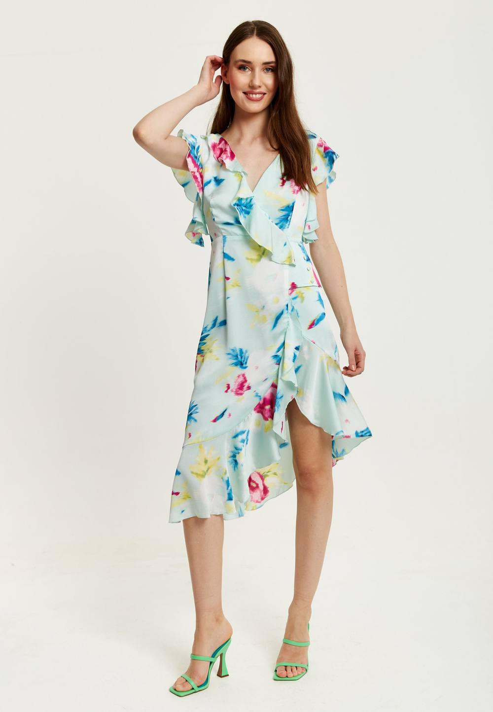 Liquorish Floral Print Midi Wrap Dress In Mint Green