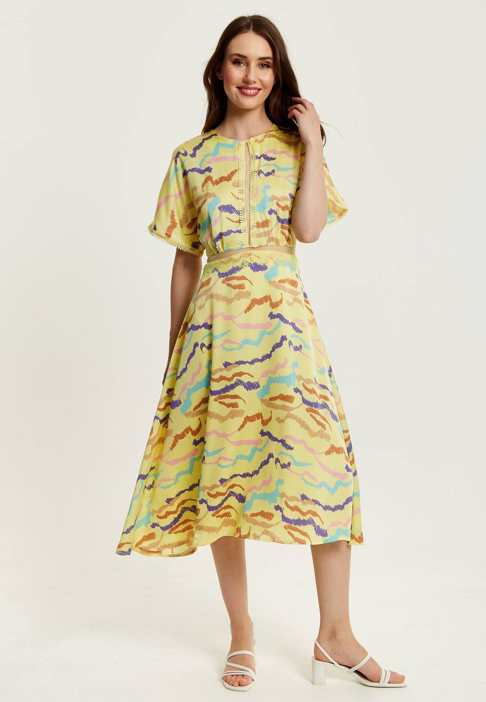 Liquorish Midi Abstract Zebra Print Dress With Mesh Detail In Yellow