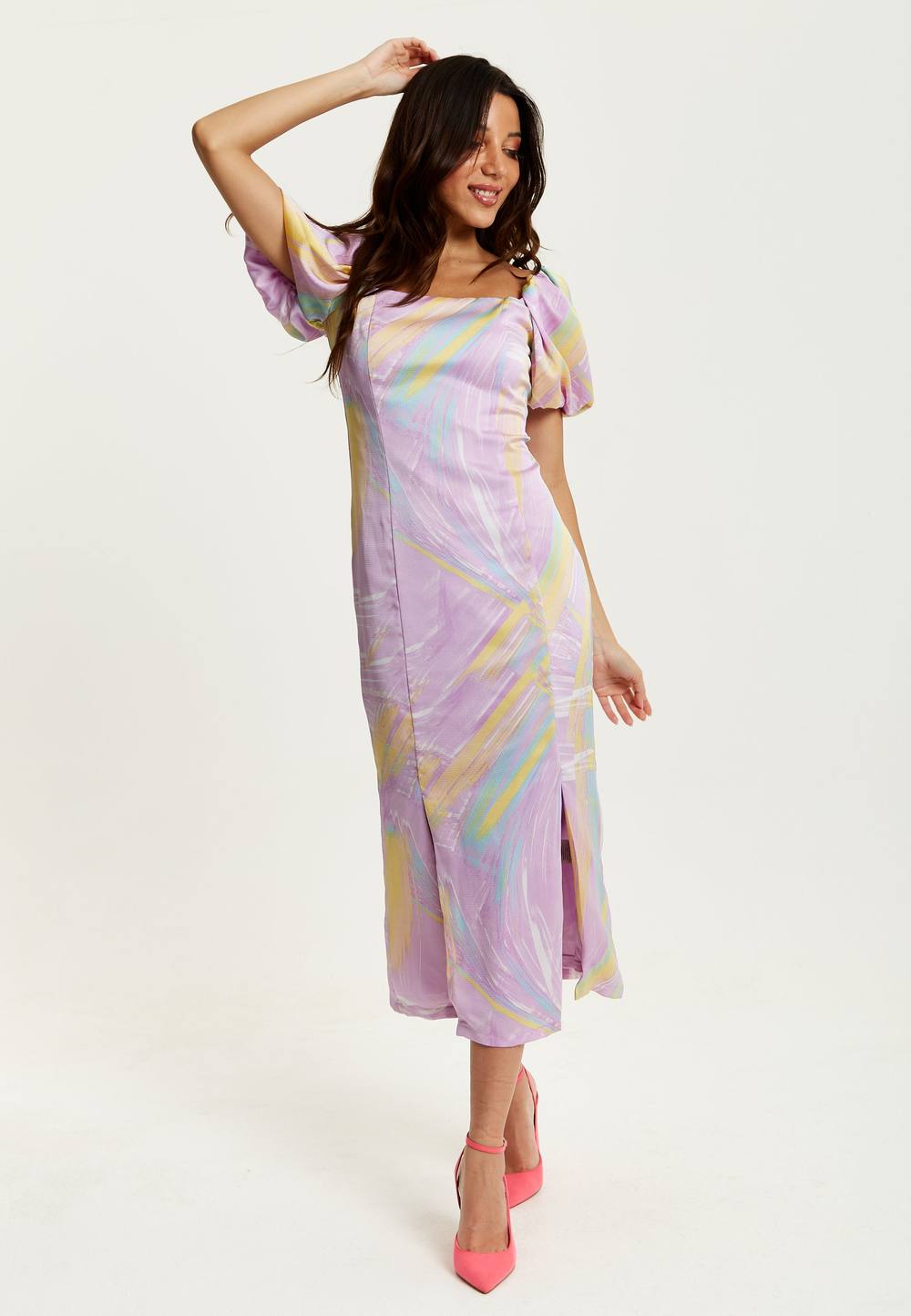 Liquorish Midi Square Neck, Brush Stroke Print Dress In Lilac In Orange