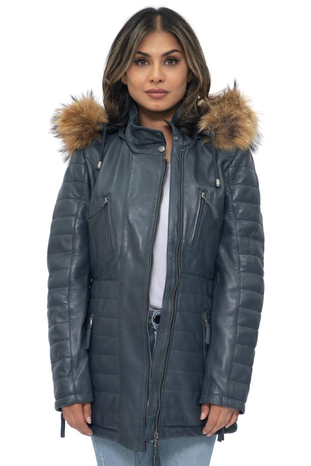 Infinity Leather Quilted Leather Parka Jacket-Curitiba In Navy