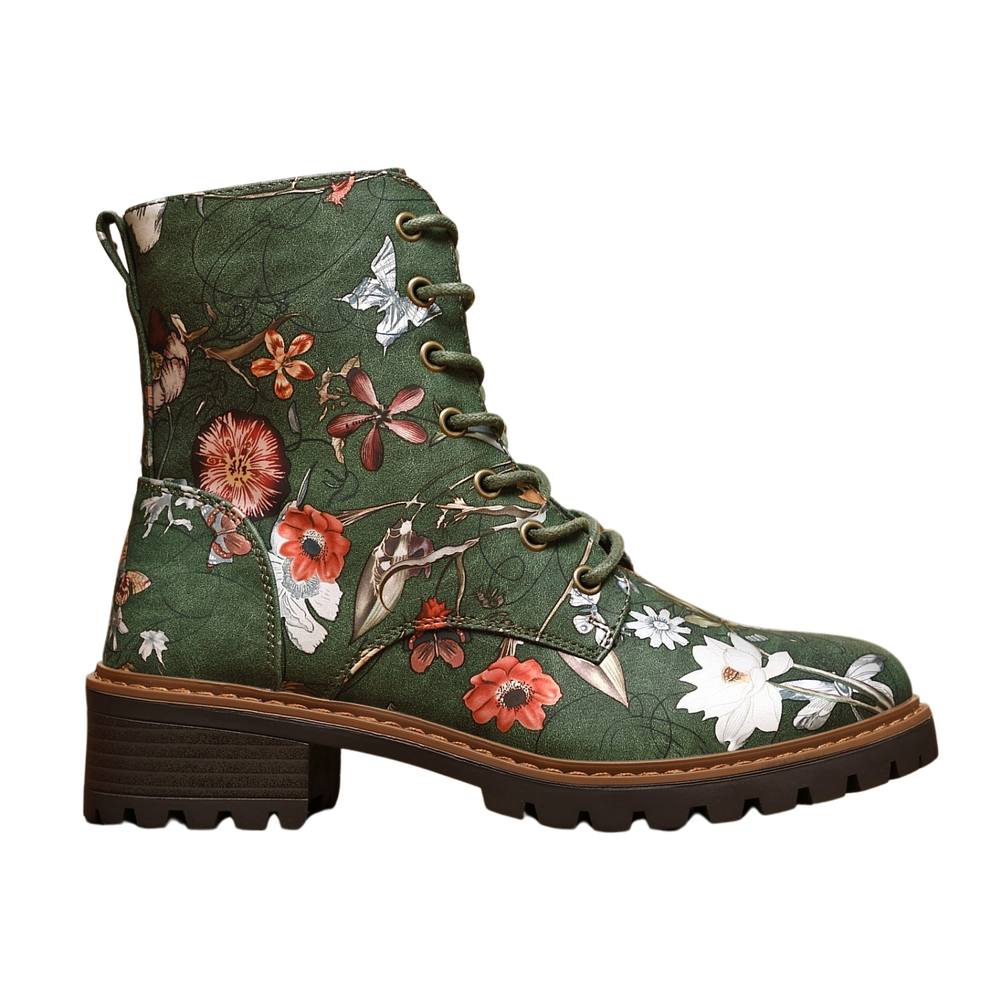 Ivachy Floral Lace-Up Ankle Boots With Side Zip In Green