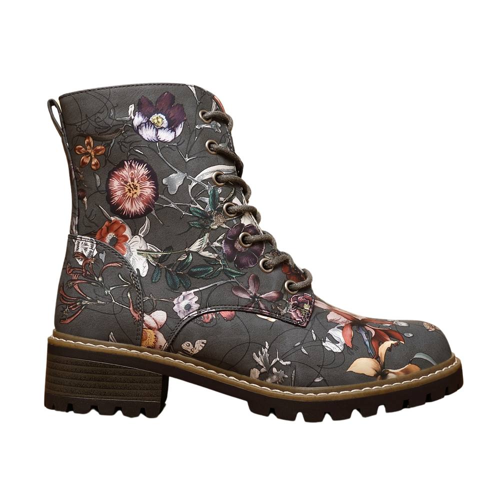 Ivachy Floral Lace-Up Ankle Boots With Side Zip In Grey