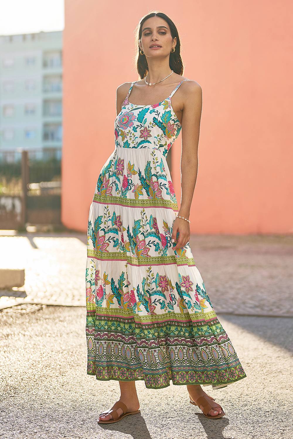 Yumi White Floral Block Print Tiered Maxi Sun Dress In Ivory