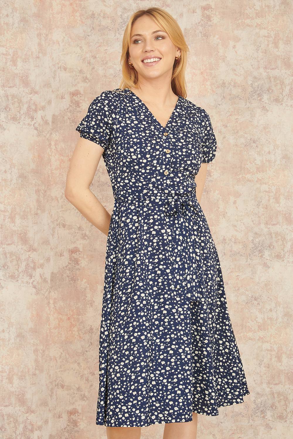 Yumi Navy Ditsy Floral Midi Shirt Dress