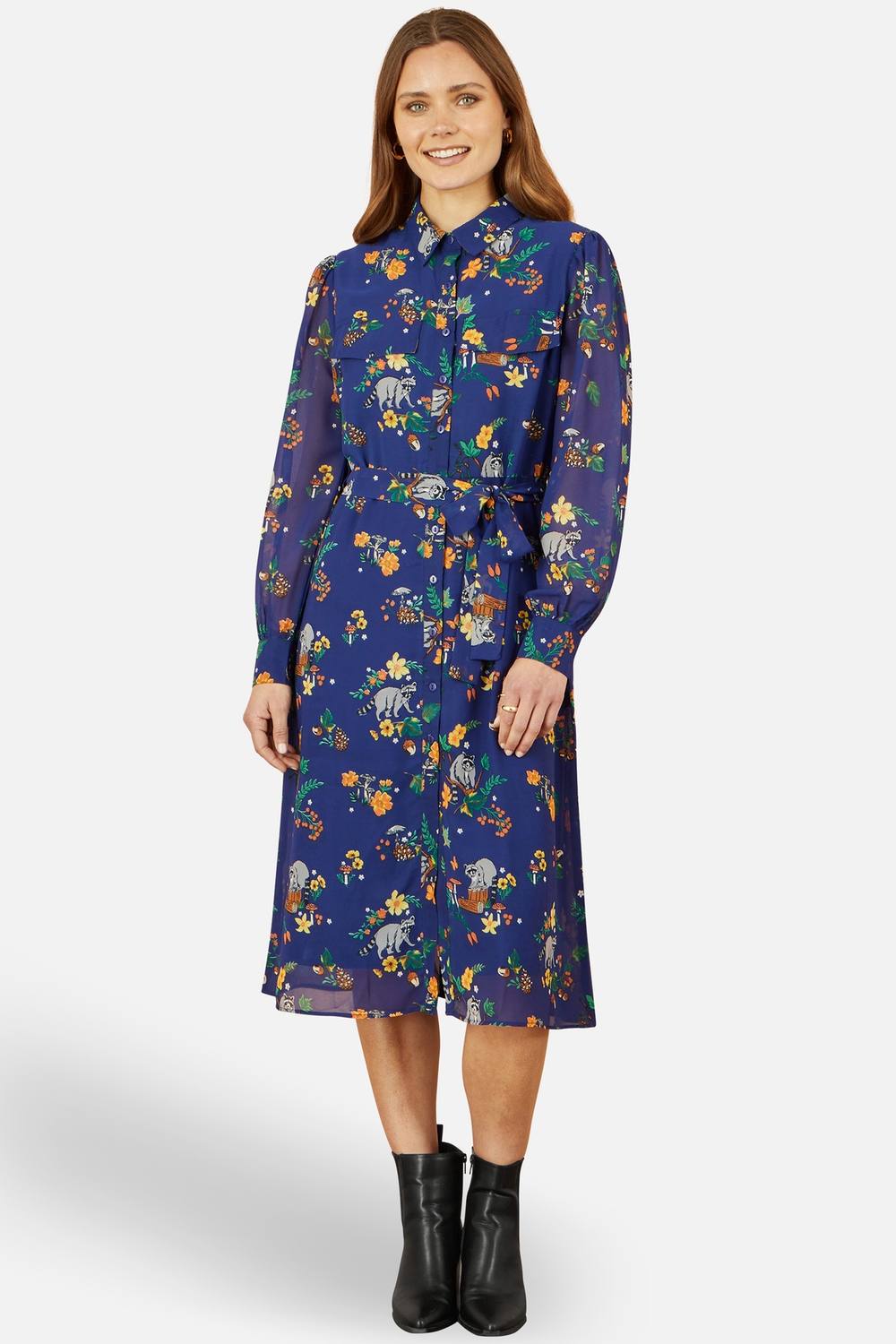 Yumi Navy Raccoon Print Shirt Midi Dress