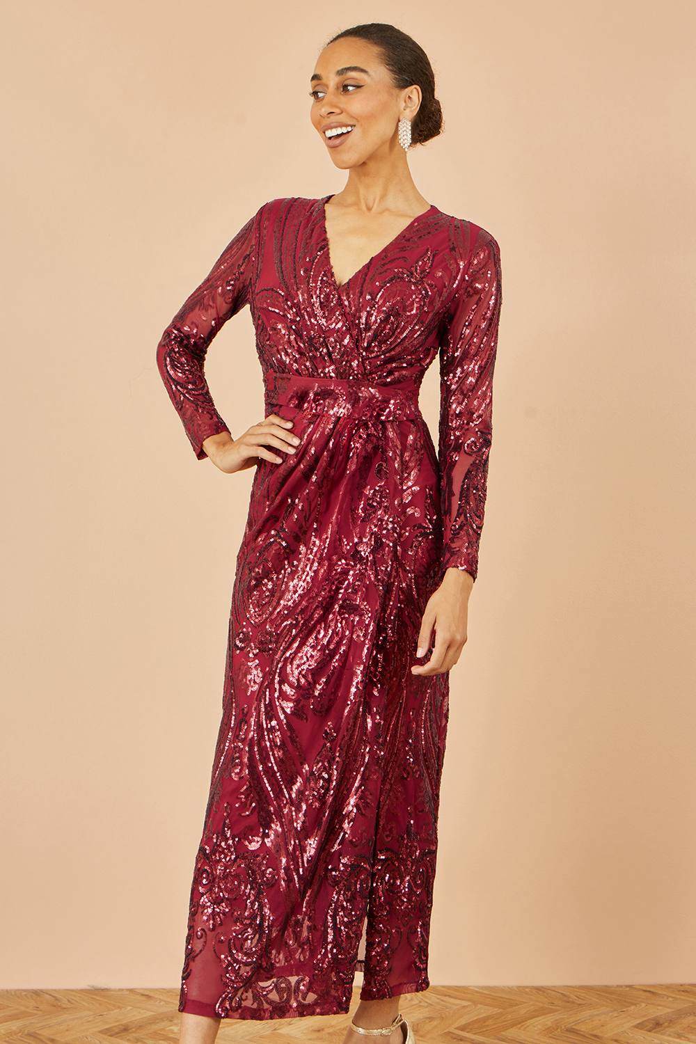 Yumi Red Sequin Midi Wrap Dress With Split Hemline And Long Sleeves In Burgundy