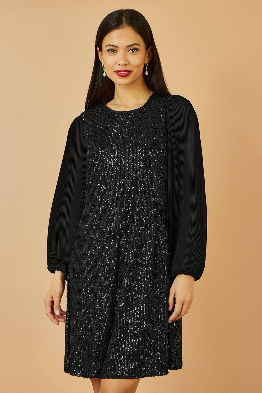 Yumi Black Velvet Sequin Tunic Dress With Long Pleated Sleeves