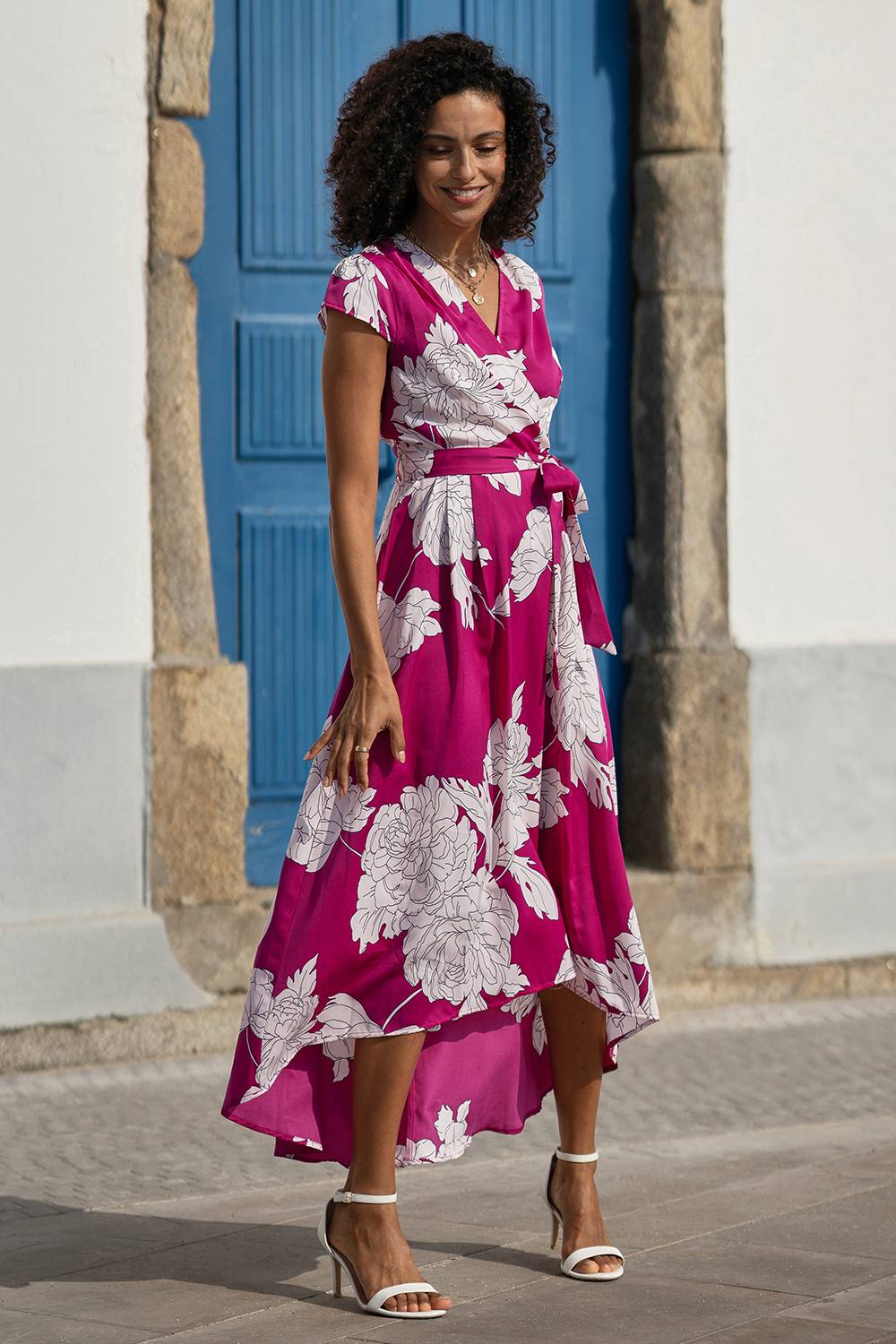 Yumi Pink Blossom Print Wrap Midi Dress With Dipped Hem
