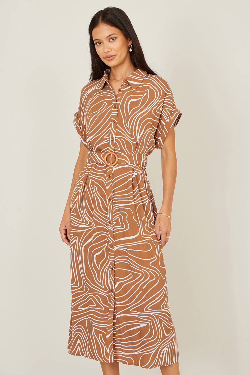 Yumi Brown Abstract Swirl Print Relaxed Midi Shirt Dress With Belt