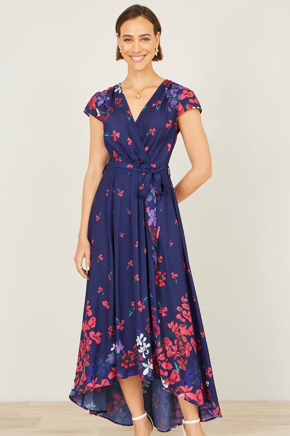 Yumi Floral Mirror Wrap Dress With Dip Hem In Navy