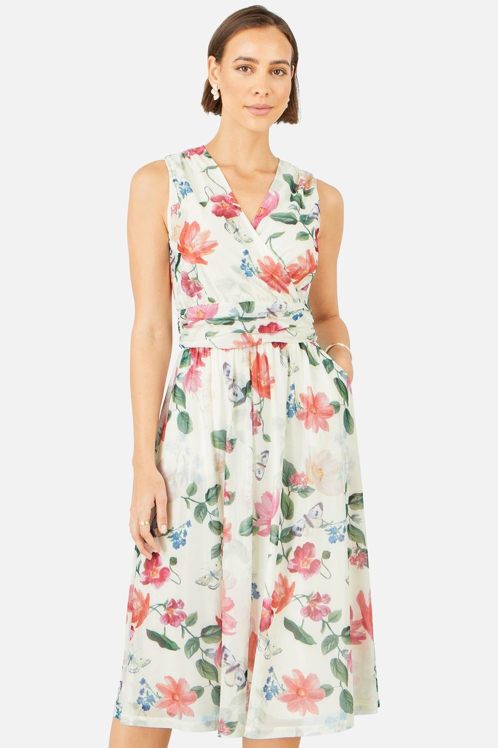 Yumi Blurred Floral Print Mesh Stretch Midi Dress With Pockets In Warm White