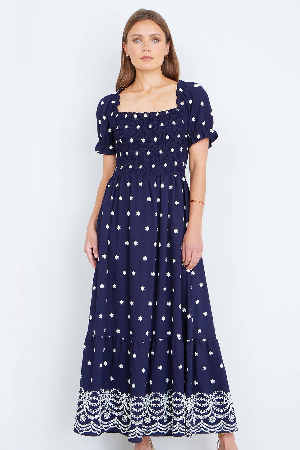 Yumi Navy Border Hemline Smocked Maxi Dress