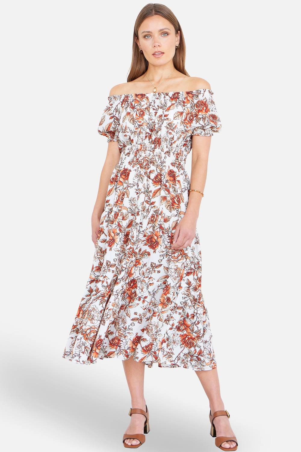 Yumi Orange Floral Ruched Waist Midi Dress In Burnt Orange