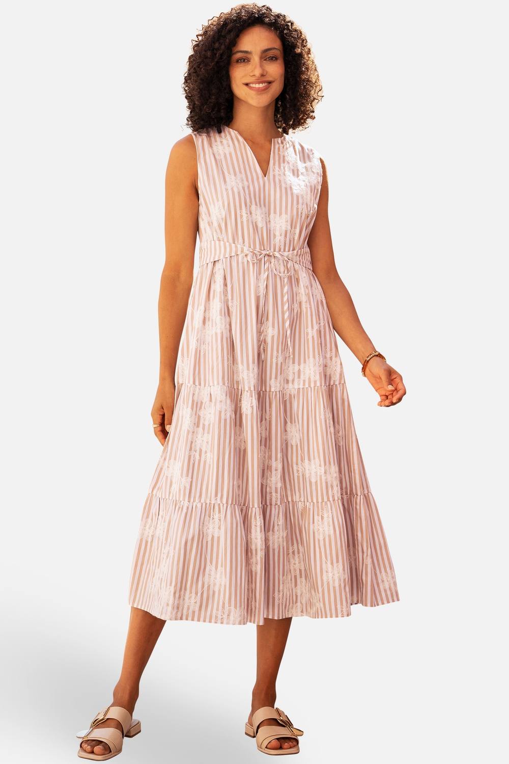 Yumi Brown Stripe With Embroidered Flower Cotton Dress In Light Tan